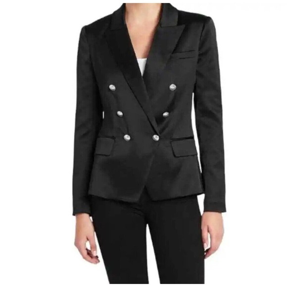 L'AGENCE Blazer Kenzie Double Breasted Black Satin Jacket Size 2 - Picture 2 of 16